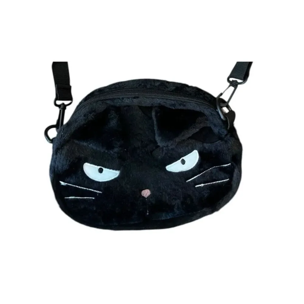 Small Plush Black Cat Shoulder Bag Cute Kitten Kitty Purse Removable Strap New